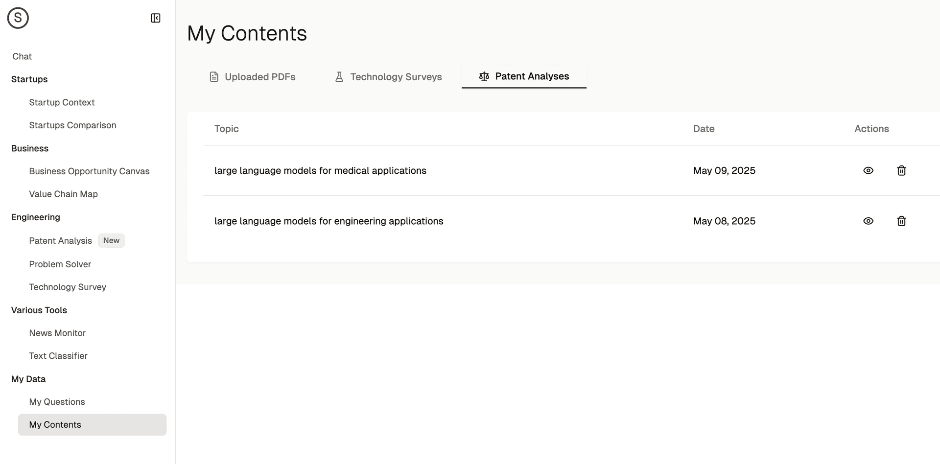 stored patent analyses