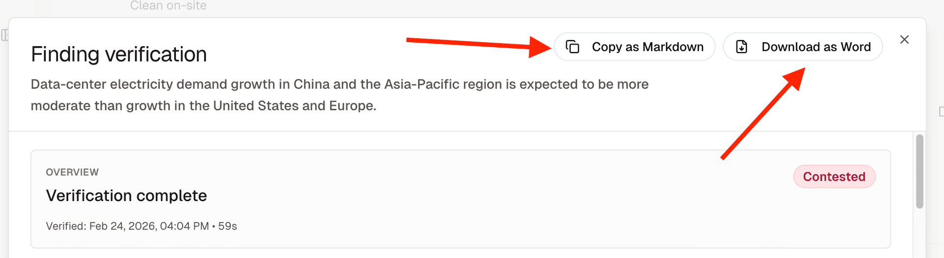 Copy as Markdown and Download as Word buttons in the verification dialog