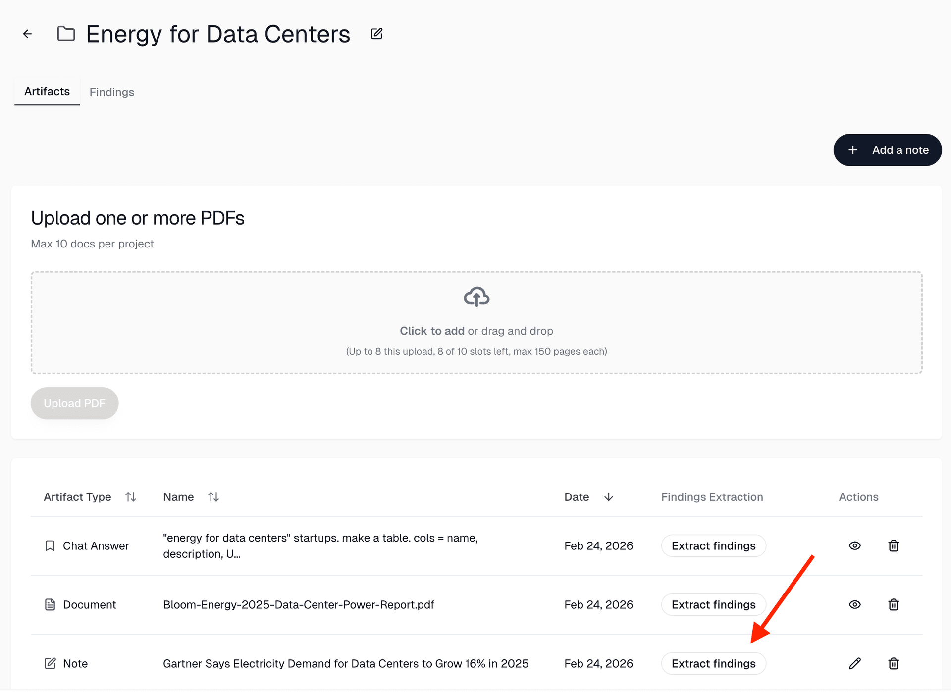 Project with artifacts showing Extract findings buttons